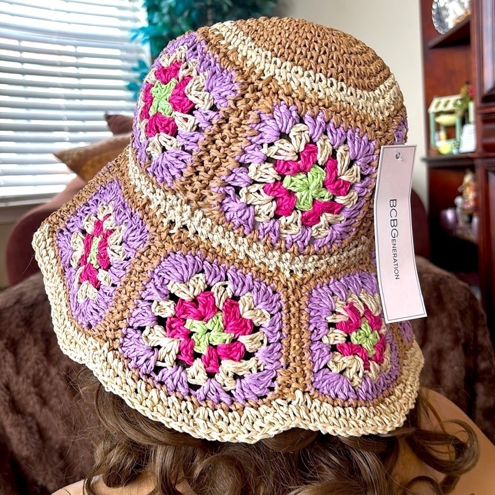 Brand New BCBGeneration Straw Woven Hat Crochet Patchwork Floral Floppy Beach - Picture 10 of 15